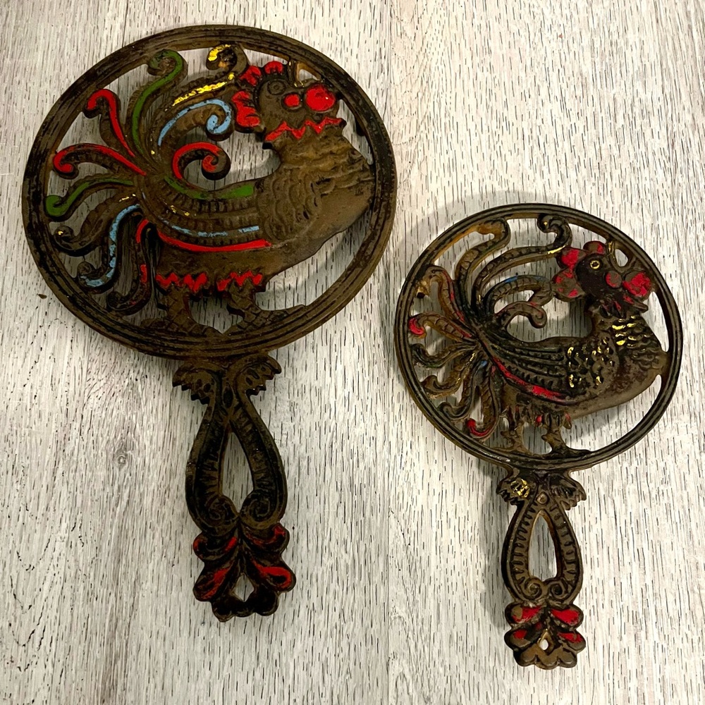 Two Vintage Rooster Cast Iron Trivet